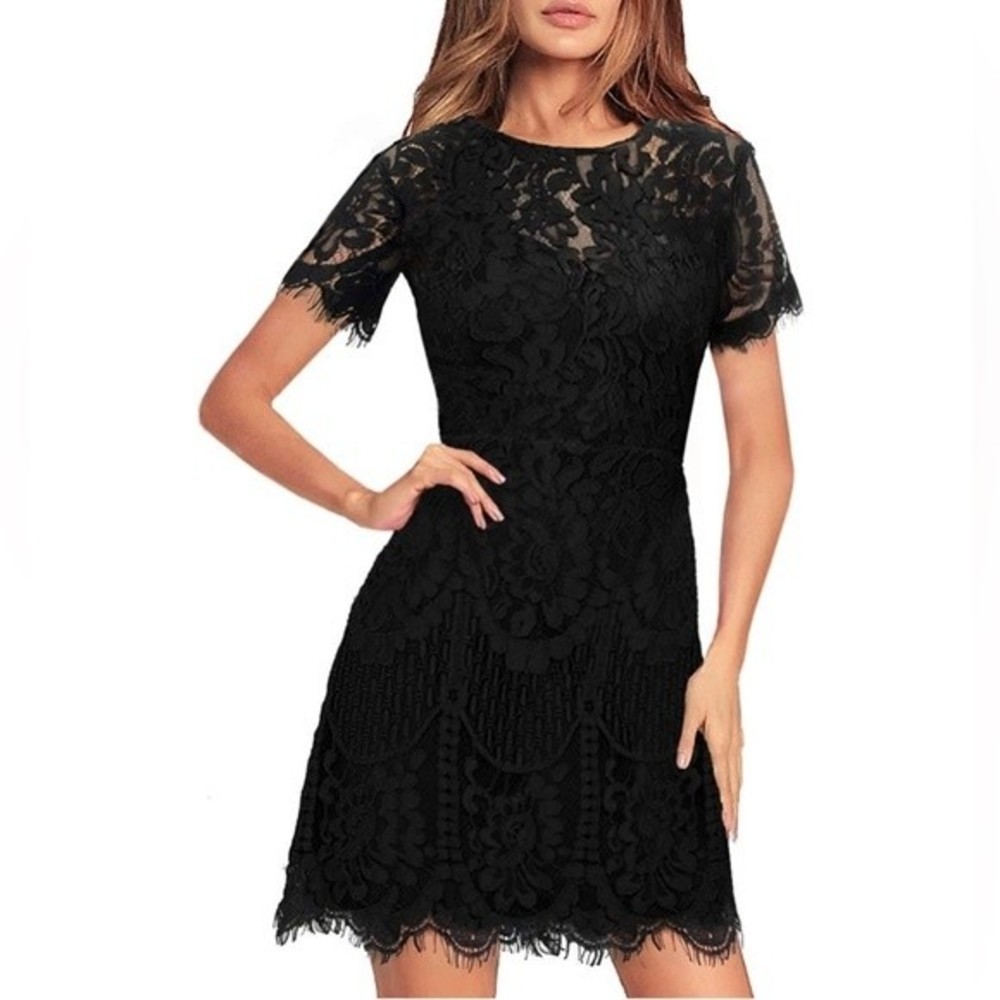 Women's Elegant Round Neck V-Back Wedding Guest Floral Lace Cocktail Dress Large